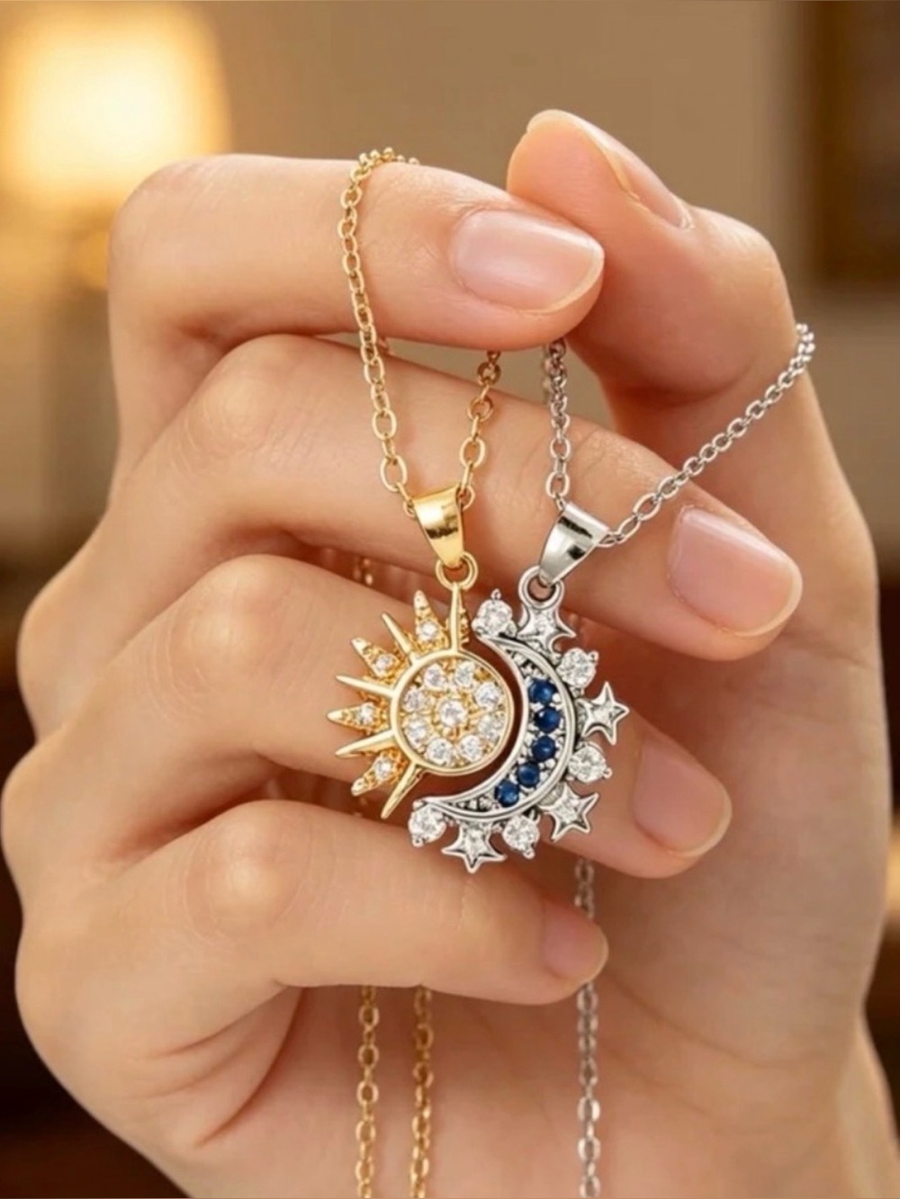 Gold and Silver Sun & Moon Pendant Necklace with Blue Accents